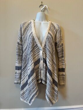 Free People S Striped Open Knit Cardigan in Cream and steel blue cute cotton